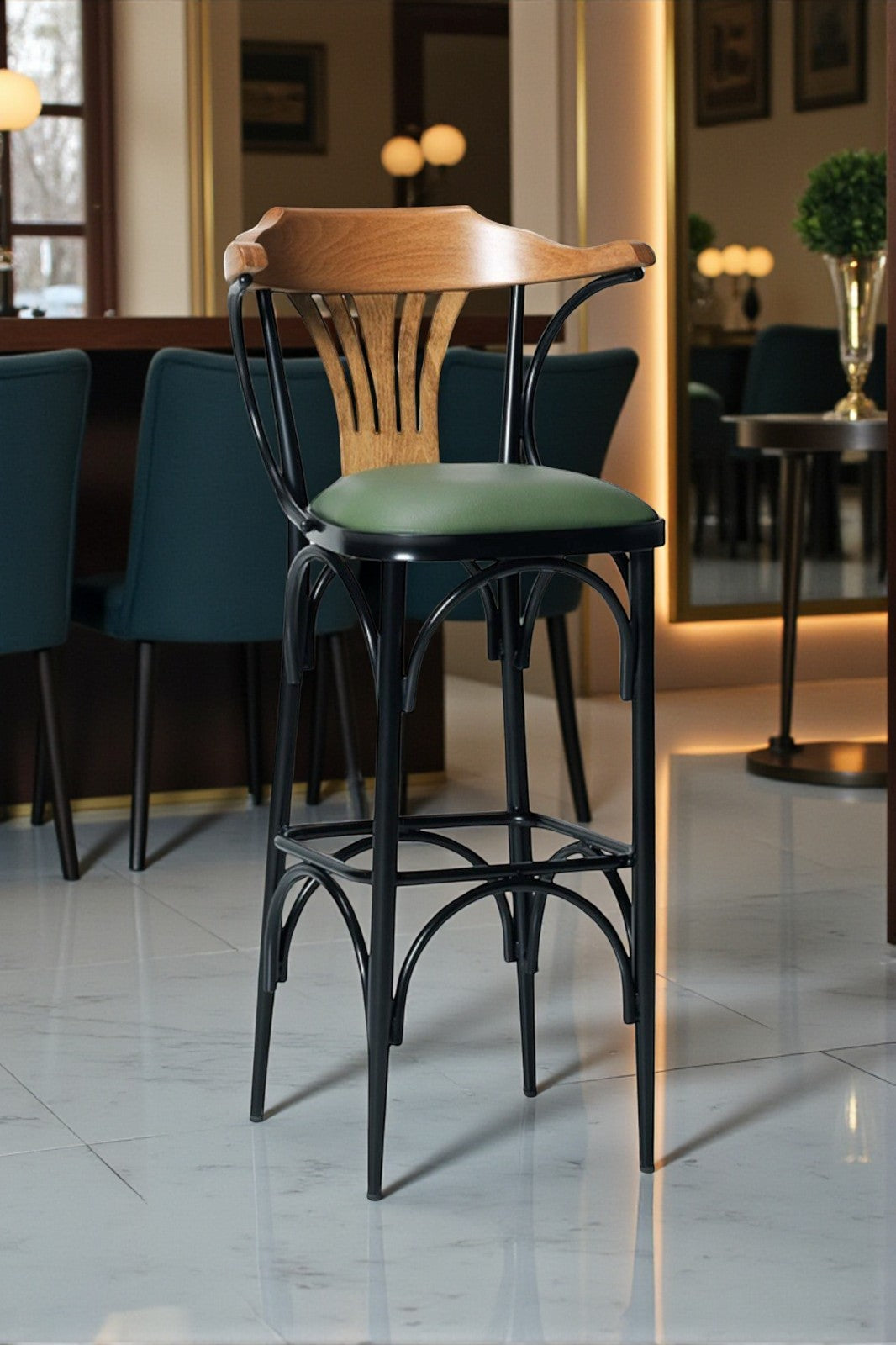 Vegas Serisi Ahşap Sırt Dayamalı Metal Ayaklı Yeşil Deri 65 CM Bar Sandalyesi