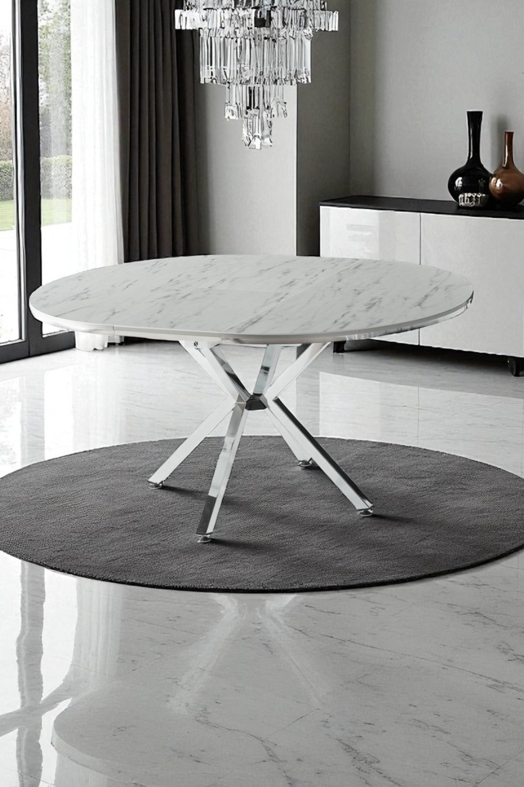 Arhor Serisi Beyaz Mermer Desen Krom Ayak Açılır Oval Yemek Masası (Q100 → Q134)