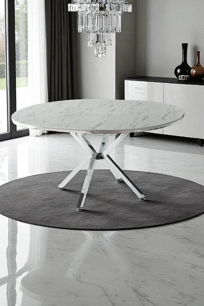 Arhor Serisi Beyaz Mermer Desen Krom Ayak Açılır Oval Yemek Masası (Q100 → Q134)