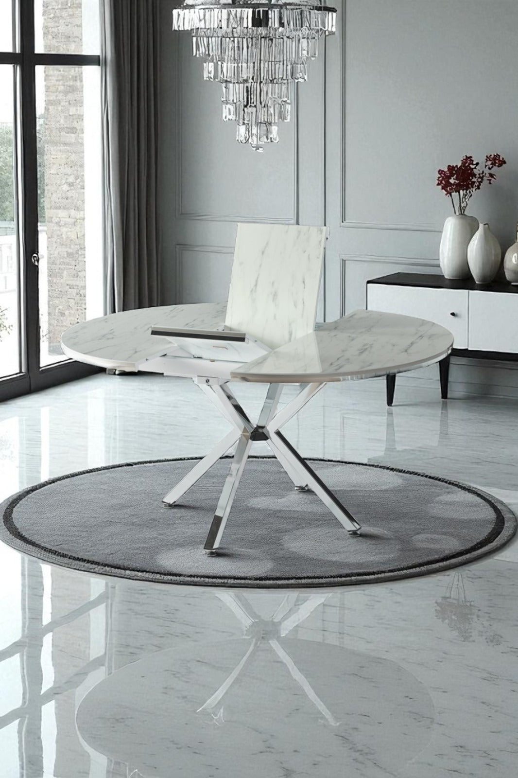 Arhor Serisi Beyaz Mermer Desen Krom Ayak Açılır Oval Yemek Masası (Q100 → Q134)
