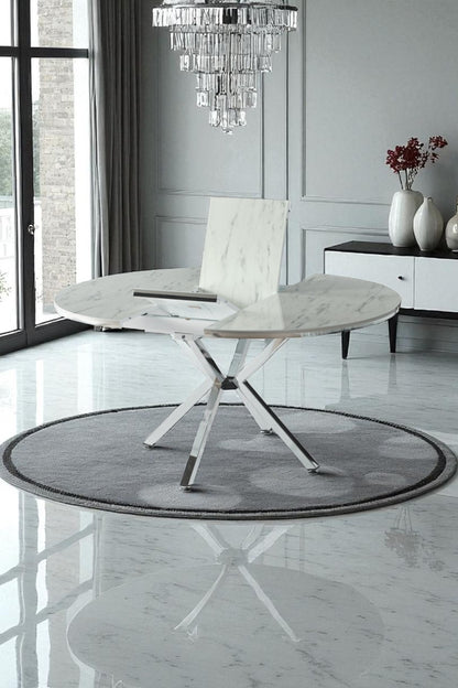 Arhor Serisi Beyaz Mermer Desen Krom Ayak Açılır Oval Yemek Masası (Q100 → Q134)