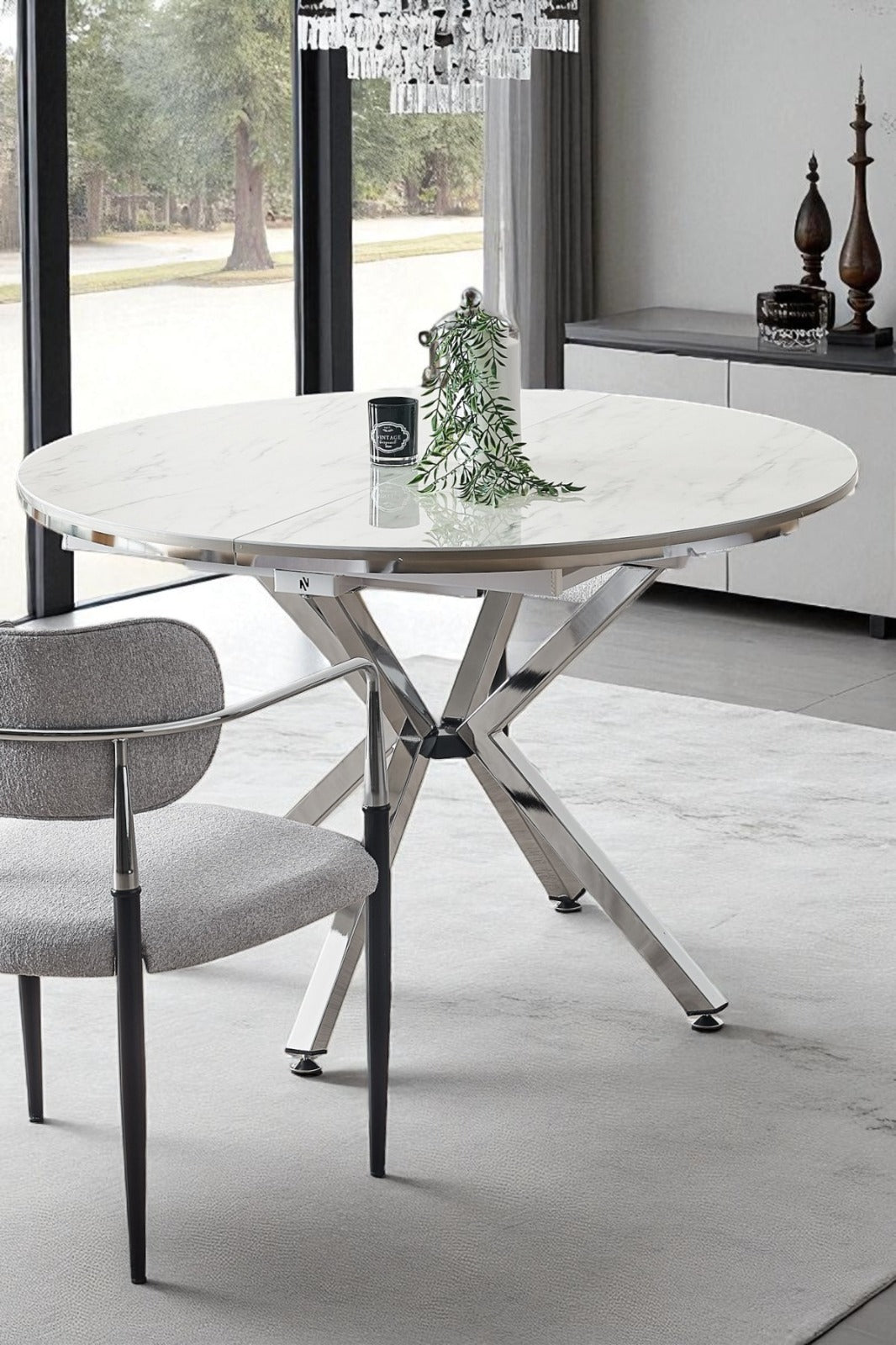Arhor Serisi Beyaz Mermer Desen Krom Ayak Açılır Oval Yemek Masası (Q100 → Q134)