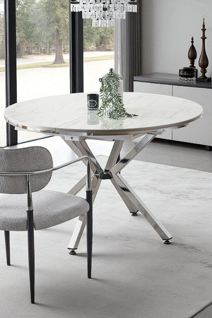 Arhor Serisi Beyaz Mermer Desen Krom Ayak Açılır Oval Yemek Masası (Q100 → Q134)